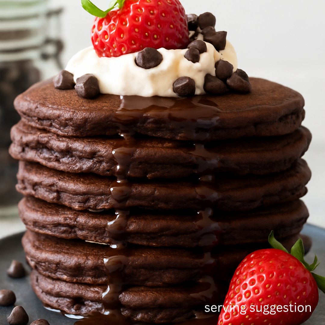 Serving suggestion for High-quality protein, low sugar, clean ingredients, chocolate flavoured pancakes mix produced by SwoleCakes New Zealand. 