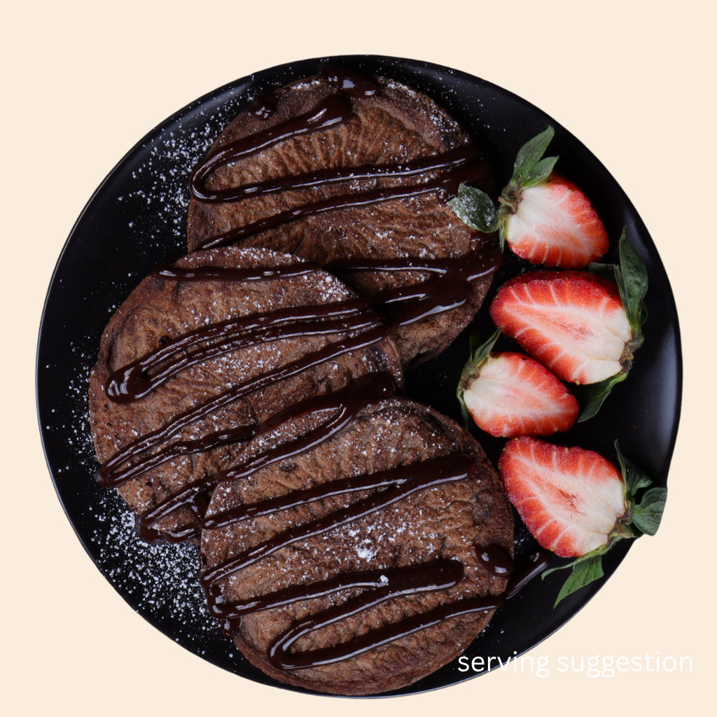 Serving suggestion for High-quality protein, low sugar, clean ingredients, chocolate flavoured pancakes mix produced by SwoleCakes New Zealand. 
