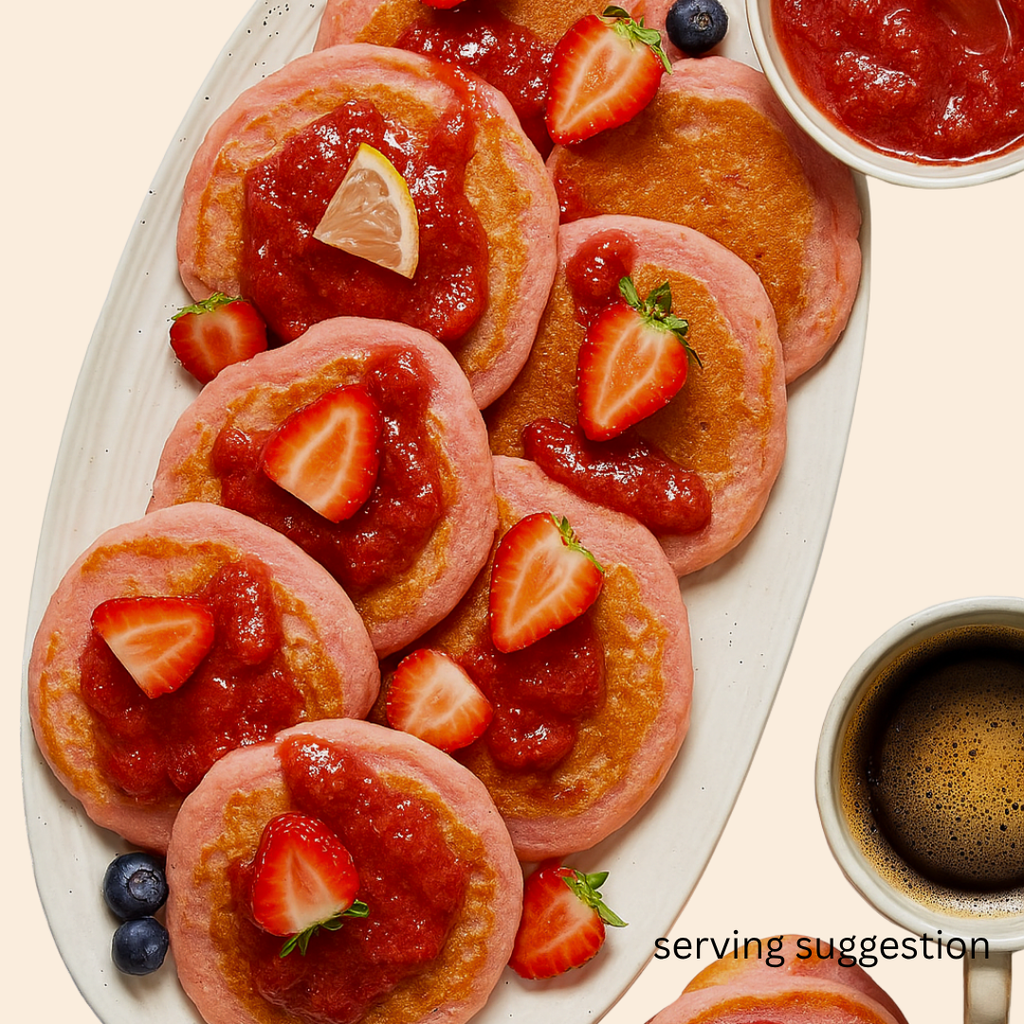 Pink Unicorn flavoured protein pancakes with strawberry sauce and fresh strawberries on a white plate, served with coffee as a serving suggestion for NZ and Australian customers. 