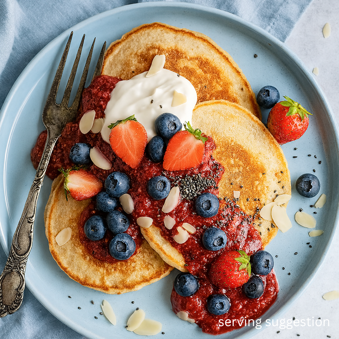 Stack of SwoleCakes Original Flavoured Protein pancakes with berries and syrup on a blue plate with a fork as a serving suggestion.