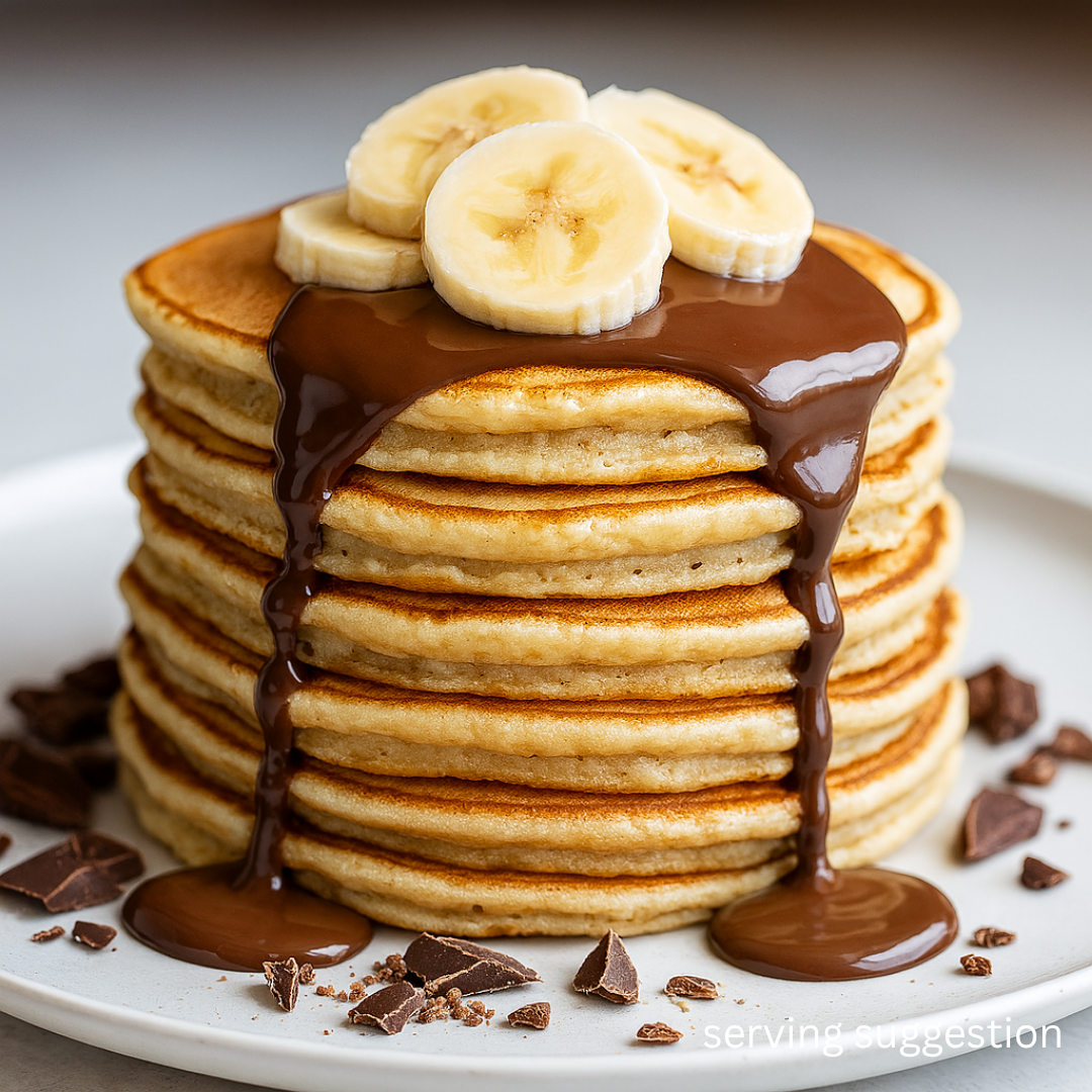 Stack of SwoleCakes protein pancakes with banana slices and chocolate syrup on a white plate as a serving suggestion.