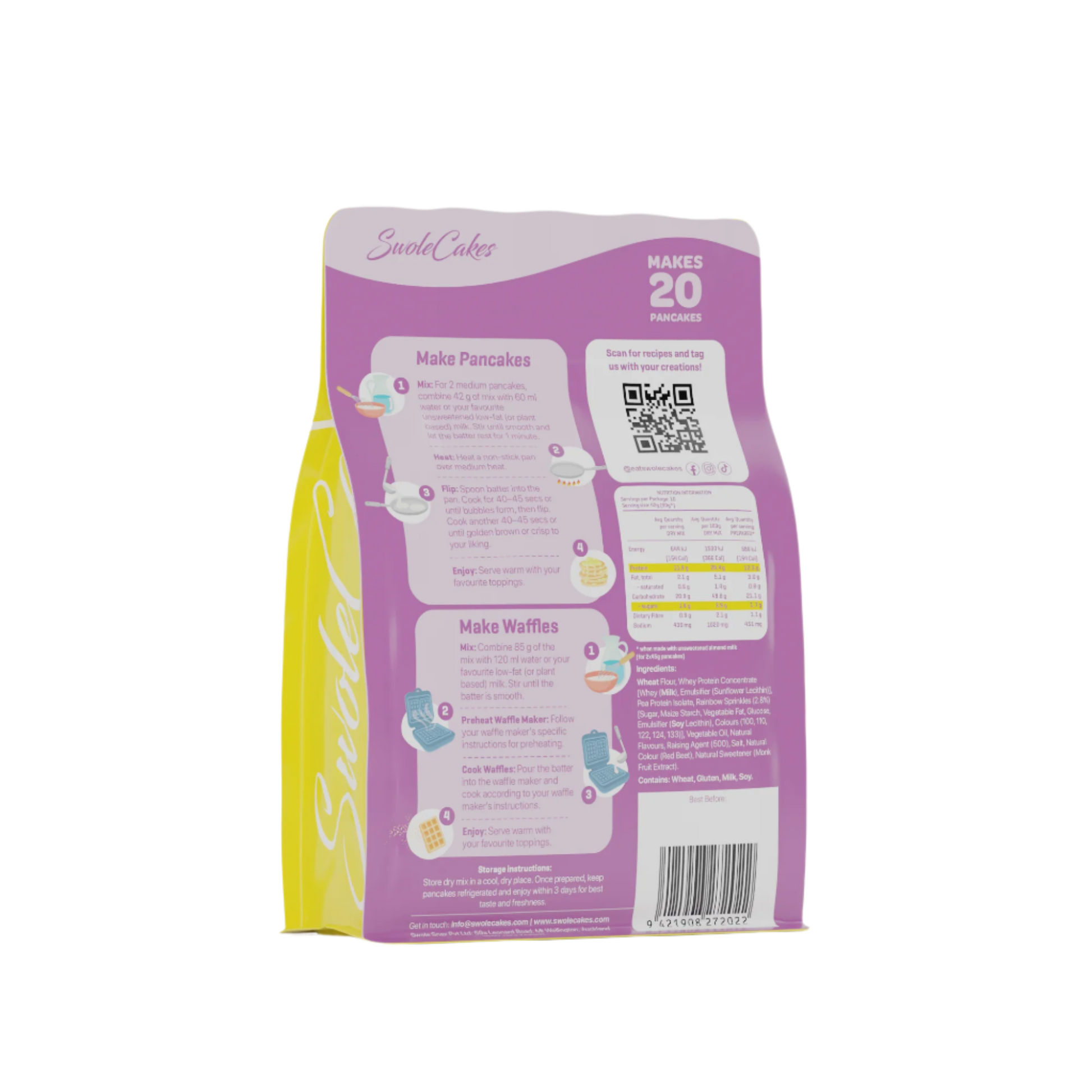 Back view of a SwoleCakes yellow and purple unicorn flavoured protein pancake mix packaging with text and a QR code for New Zealand and Australia customers to order online and get shipped to their door. 