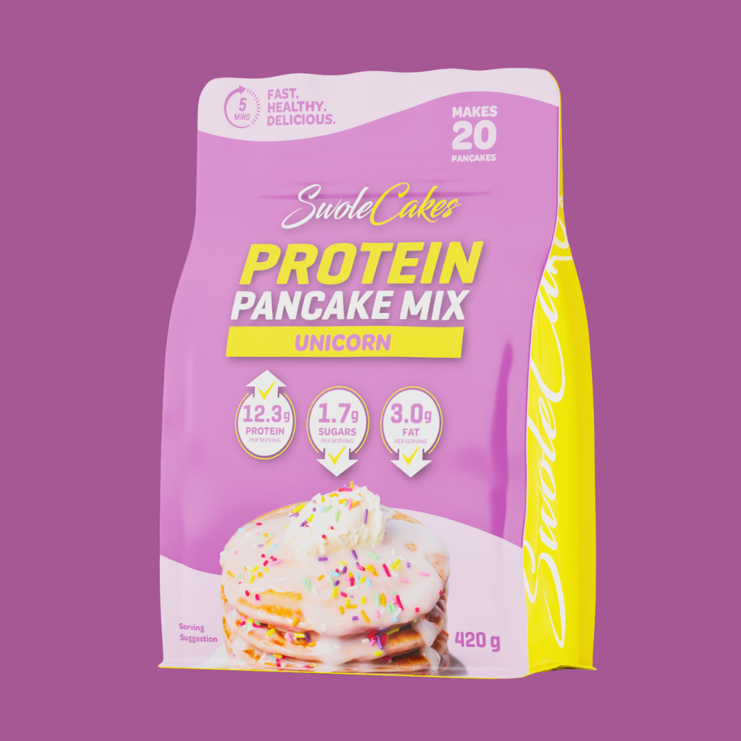 SwoleCakes protein pancake mix with unicorn flavour that can be ordered on the SwoleCakes website and then shipped to your door in New Zealand and Australia.